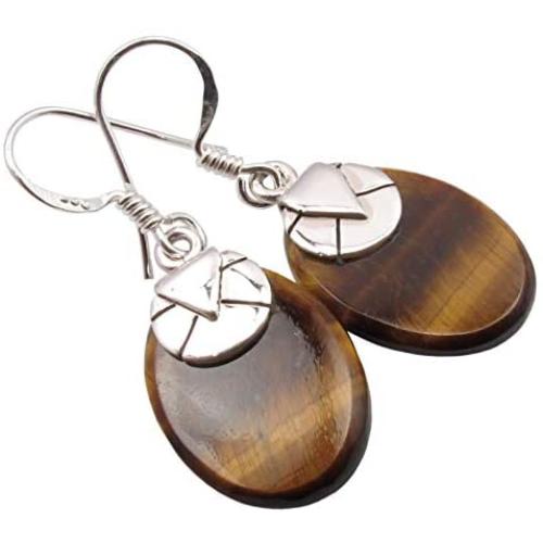 SilverStarJewel Natural Tigers Eye Earrings 1.4'' 4.5 Grams 0.925 Solid Silver New Stone