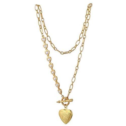 Kumshunie Heart Picture Locket Necklace Toggle Clasp Pendant 18K Gold Plated Choker Jewelry for Men Women