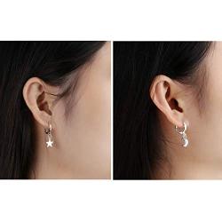 2PC Small Stars Moon Hoop Earrings,Cute Gold/Silver Mini Huggie Hoop Dangle Earrings for Women Simple Ear Piercing Chic Jewelry for Teen Girls Men