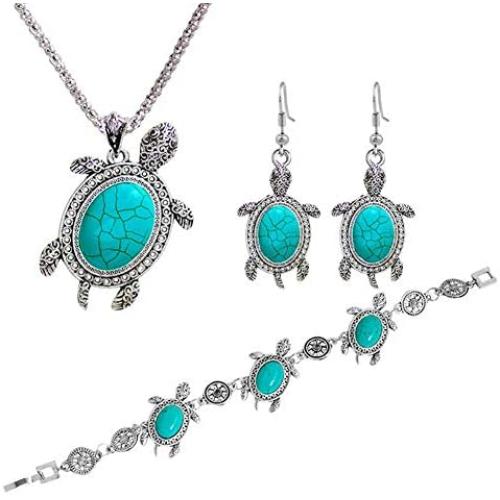 Turtle Necklace Pendant Cute Animal Sea Tortoise Turquoise Dangle Drop Earrings Hook Hollow Circle Flower Bracelet for Women Girls Jewelry Set