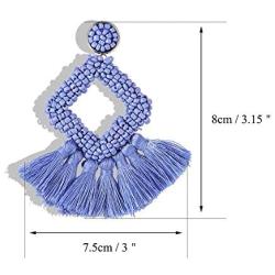 Statement Drop Earrings for Women Girl Handmade Bohemian Beaded Hoop Prismatic Tassel Thread Fringe Dangle Fashion Jewellery Present for Mom and Sister (Blue)