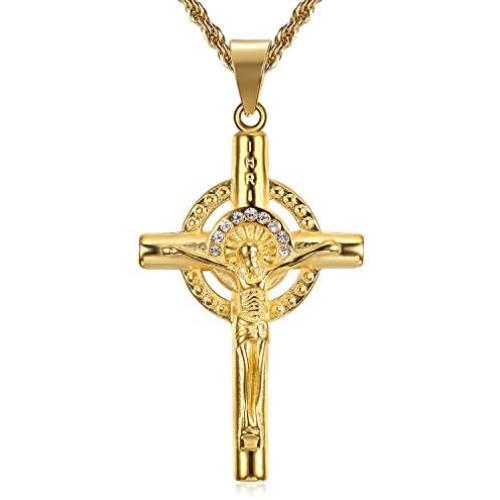 Lee Island Fashion Gold Cross Necklace for Men Women, 24K Gold Plated Simulated Diamond CZ Fully Crucifix Cross Catholic Jesus Christ Pendant Stainless Steel Necklace,20,24 Inch Chain Jewelry