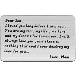 AKTAP Son Gift from Mom Son Engraved Wallet Card Inserts with Mini Love Note Birthday Gift Graduation Gift for Him