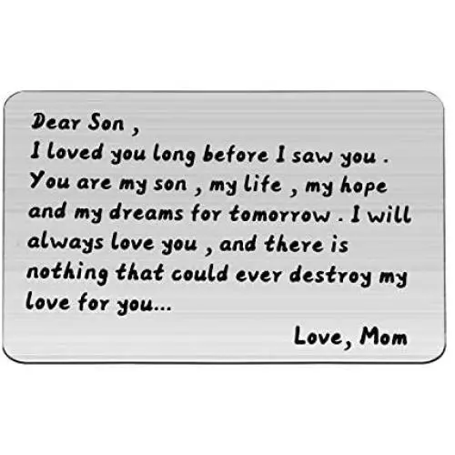 AKTAP Son Gift from Mom Son Engraved Wallet Card Inserts with Mini Love Note Birthday Gift Graduation Gift for Him AKTAP Son Gift from Mom Son Engraved Wallet Card Inserts with Mini Love Note Birthday Gift Graduation Gift for Him