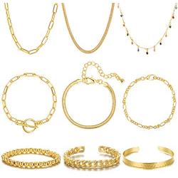 iF YOU Gold Chain Bracelet and Choker Necklace Sets for Women Girls 14K Gold Plated Bangle Adjustable Figaro Paperclip Link Bracelet Jewelry