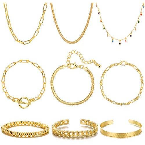 iF YOU Gold Chain Bracelet and Choker Necklace Sets for Women Girls 14K Gold Plated Bangle Adjustable Figaro Paperclip Link Bracelet Jewelry