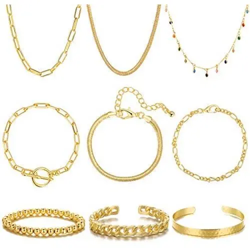 iF YOU Gold Chain Bracelet and Choker Necklace Sets for Women Girls 14K Gold Plated Bangle Adjustable Figaro Paperclip Link Bracelet Jewelry