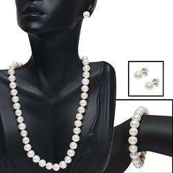 Gem Stone King 925 Sterling Silver Cultured Freshwater White Pearl Necklace Earrings Bracelet Bridal Gift Set