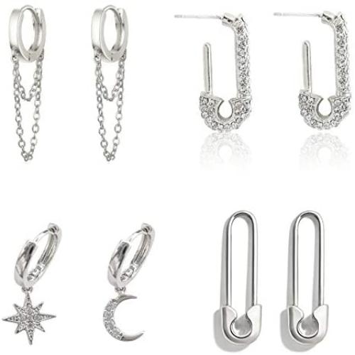 4 Pairs Stainless Steel Cubic Zircon Small Hoop Asymmetrical Moon Star Safety Pin Tassel Chain Drop Dangle Geometric Earrings Set Jewelry for Women Girls