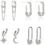 4 Pairs Stainless Steel Cubic Zircon Small Hoop Asymmetrical Moon Star Safety Pin Tassel Chain Drop Dangle Geometric Earrings Set Jewelry for Women Girls