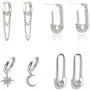 4 Pairs Stainless Steel Cubic Zircon Small Hoop Asymmetrical Moon Star Safety Pin Tassel Chain Drop Dangle Geometric Earrings Set Jewelry for Women Girls