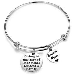 HOLLP Stepmother Mom Bracelet Stepmother Keychain Mother in Law Jewelry for Stepmother Biology is The Least of What Makes Someone a Mother Adjustable Charm Bracelet