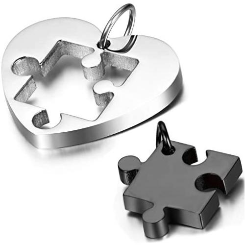 OIDEA 2PCS Stainless Steel Couples Love Heart Puzzle Pendant Necklace for Valentines Day,Chain Included, with Gift Bag Package,Black