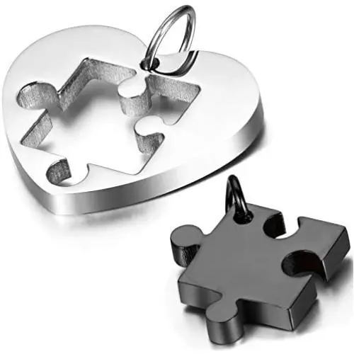 OIDEA 2PCS Stainless Steel Couples Love Heart Puzzle Pendant Necklace for Valentines Day,Chain Included, with Gift Bag Package,Black