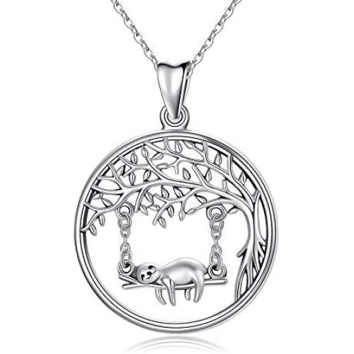 TRISHULA Sloth Necklace 925 Sterling Silver Cute Animal Sloth on Tree of Life Charm Pendant Jewelry Gifts for Sloth Lovers