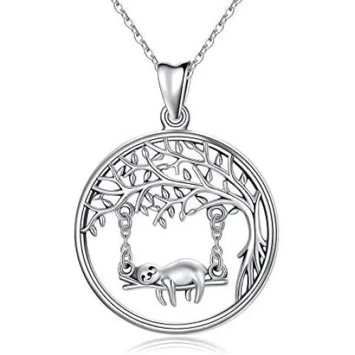 TRISHULA Sloth Necklace 925 Sterling Silver Cute Animal Sloth on Tree of Life Charm Pendant Jewelry Gifts for Sloth Lovers