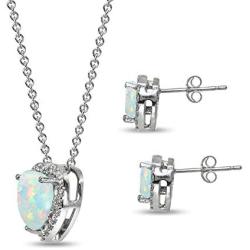 Sterling Silver Genuine or Synthetic Gemstone Halo Heart Necklace & Stud Earrings Set for Women