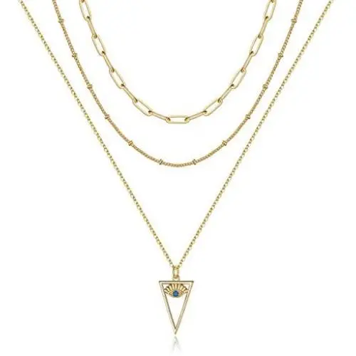 Layered Necklaces for Women, Handmade 14K Gold Plated Dainty Herringbone Pearl Paperclip Chain Choker Necklace Bar Evil Eye Lock Butterfly Cross Pendant Gold Chain Layering Choker Necklaces for Women