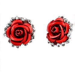 Red Rose Flower Stud Earrings Silver Plated Simulated Coral Rose Crystal Earrings Lovely Simple Floral Charm Stud Earring Fashion Jewelry for Women