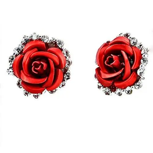 Red Rose Flower Stud Earrings Silver Plated Simulated Coral Rose Crystal Earrings Lovely Simple Floral Charm Stud Earring Fashion Jewelry for Women