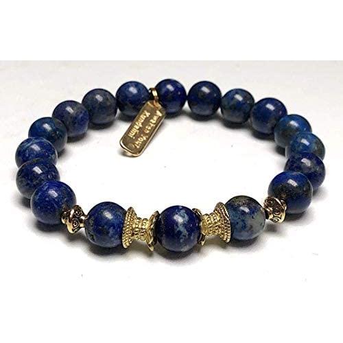 Stunning lapis lazuli bracelet Yoga Jewelry wrist mala Fifth chakra Throat Chakra Big 10 mm unisex stretch bracelet | Energized chakra bracelet | w/zinc alloy gold plated spacers