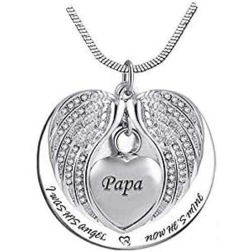 TGLS Angel Wing Cremation Ash Heart Urn Necklaces for Human Ashes Dad Mom Grandma Family Members Keepsake Memorial Pendant - I Was His Angel; Now Hes Mine