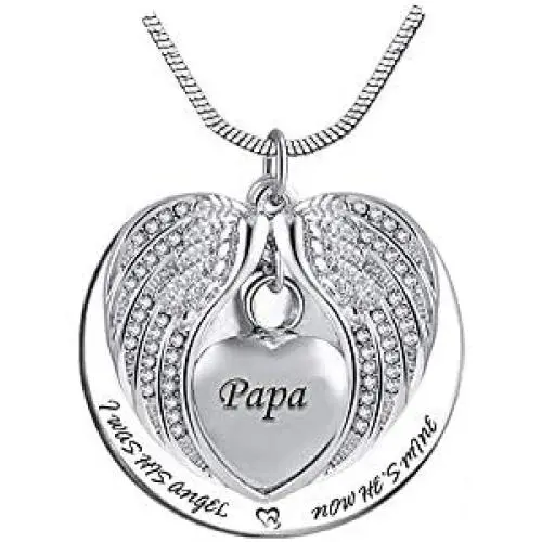 TGLS Angel Wing Cremation Ash Heart Urn Necklaces for Human Ashes Dad Mom Grandma Family Members Keepsake Memorial Pendant - I Was His Angel; Now Hes Mine