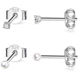 Sterling Silver Stud Earrings for Women- 2 Pairs of Small Cartilage Tragus Stud Earrings Set, 2mm Tiny Cubic Zirconia Earrings Round Ball Earrings & Pearl Earrings