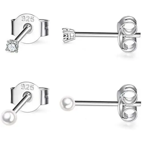 Sterling Silver Stud Earrings for Women- 2 Pairs of Small Cartilage Tragus Stud Earrings Set, 2mm Tiny Cubic Zirconia Earrings Round Ball Earrings & Pearl Earrings Sterling Silver Stud Earrings for Women- 2 Pairs of Small Cartilage Tragus Stud Earrings Set, 2mm Tiny Cubic Zirconia Earrings Round Ball Earrings & Pearl Earrings