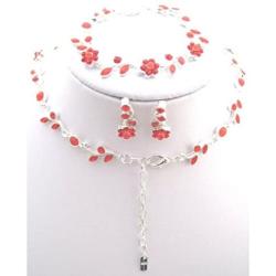 Affordable Wedding Jewelry Ruby Red Crystal 3 PCS Set Silver Necklace Bracelet Earring Bridal Formal
