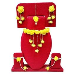 YouBella Jewellery Bollywood Ethnic Bridal Wedding Traditional Floral Gota Patti Indian Necklace Set, Earrings, Bracelet and Maang Tiika for Women Haldi and Mehendi Occassion