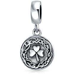 Round Disc Good Luck Celtic Knot Lucky Leaf Shamrock Irish Clover Dangle Bead Charm For Women Teen Oxidized .925 Sterling Silver Fits European Bracelet