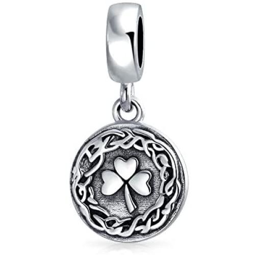 Round Disc Good Luck Celtic Knot Lucky Leaf Shamrock Irish Clover Dangle Bead Charm For Women Teen Oxidized .925 Sterling Silver Fits European Bracelet