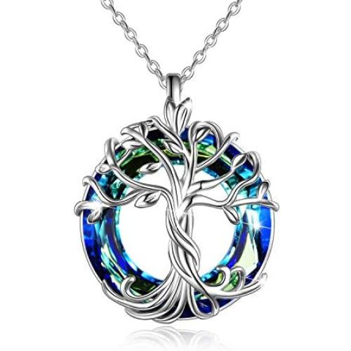 TOUPOP Mothers Day Gifts from Daughter Sterling Silver Tree of Life Pendant Necklace with Blue Circle Crystal Jewelry Gifts for Mom Women Girls Friend Birthday