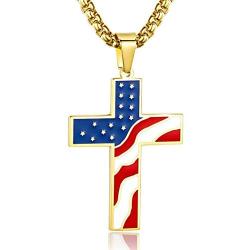 Hahafash American USA Flag Cross Day Gift Stainless Steel Patriotic Cross Religious Pendant Necklace Jewelry for Men Women