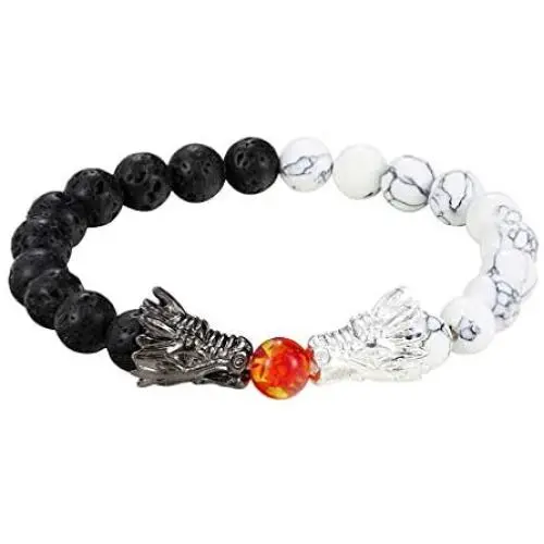 Giwotu Womens Mens Fashion Black and White Beads Bracelet Natural Stone Black Lava Bead Two Dragon Play One Ball Male Female Jewellery Giwotu Womens Mens Fashion Black and White Beads Bracelet Natural Stone Black Lava Bead Two Dragon Play One Ball Male Female Jewellery
