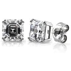 BERRICLE Rhodium Plated Sterling Silver Asscher Cut Cubic Zirconia CZ Solitaire Bridal Bridesmaid Fashion Necklace and Earrings Set