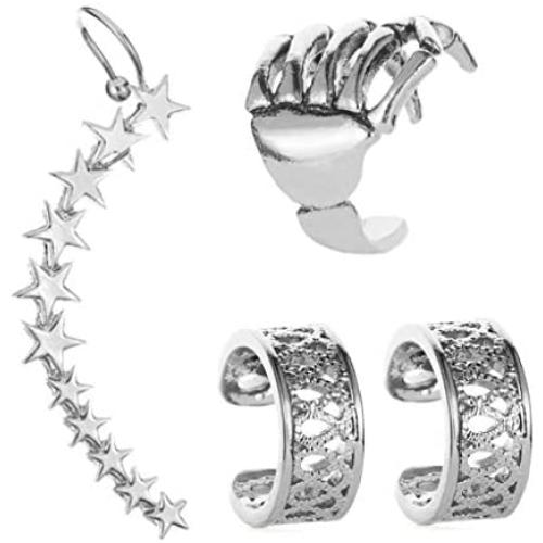 4 Pcs Skeleton Hand Non Pierced Ear Cuff Star Hollow Stripe Art Earring for Women Girls Simple No Piercing Helix Silver Fake Cartilage Cuff Earrings Clip-on Ear No Piercing Jewelry