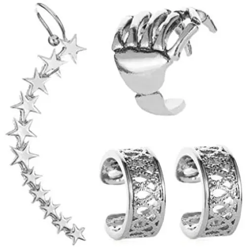 4 Pcs Skeleton Hand Non Pierced Ear Cuff Star Hollow Stripe Art Earring for Women Girls Simple No Piercing Helix Silver Fake Cartilage Cuff Earrings Clip-on Ear No Piercing Jewelry 4 Pcs Skeleton Hand Non Pierced Ear Cuff Star Hollow Stripe Art Earring for Women Girls Simple No Piercing Helix Silver Fake Cartilage Cuff Earrings Clip-on Ear No Piercing Jewelry