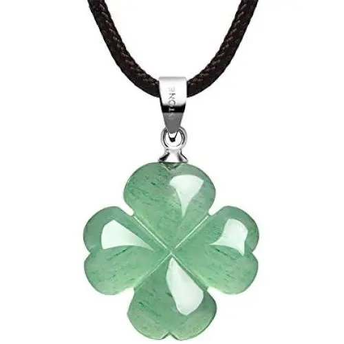 iSTONE Four Leaf Clover Necklace,Made with Green Aventurine Jade for Faith Hope Love and Luck 16 Inch Rope Chain