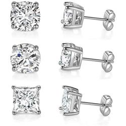 3 Pair CZ Earrings Set for Women 18K White Gold Plated Round Square Cushion Earrings for Men Hypoallergenic Jewelry