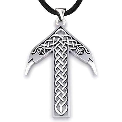 Viking Rune Tiwaz Teiwaz Tyr Necklace - 925 Sterling Silver - Pendant with Celtic Knot and Raven Heads - Norse Mythology Amulet Talisman- Nordic Scandinavian Runic Jewelry for Men Women - Handmade