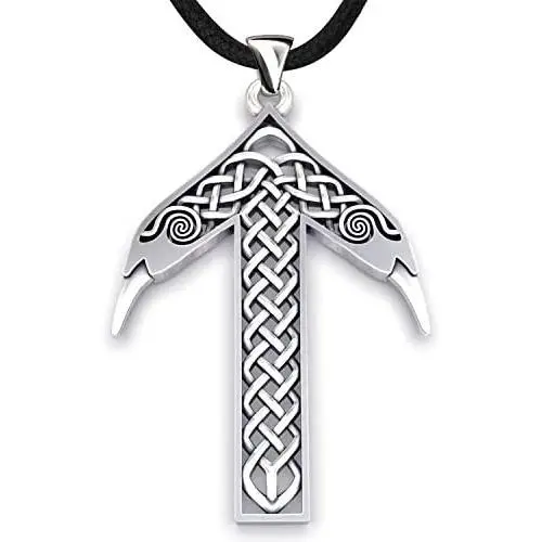 Viking Rune Tiwaz Teiwaz Tyr Necklace - 925 Sterling Silver - Pendant with Celtic Knot and Raven Heads - Norse Mythology Amulet Talisman- Nordic Scandinavian Runic Jewelry for Men Women - Handmade