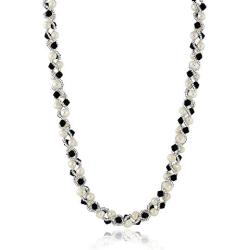 Gem Stone King 17 Inch White Cultured Freshwater Pearl and Black Crystal Necklace + Bracelet Set 7 Inch