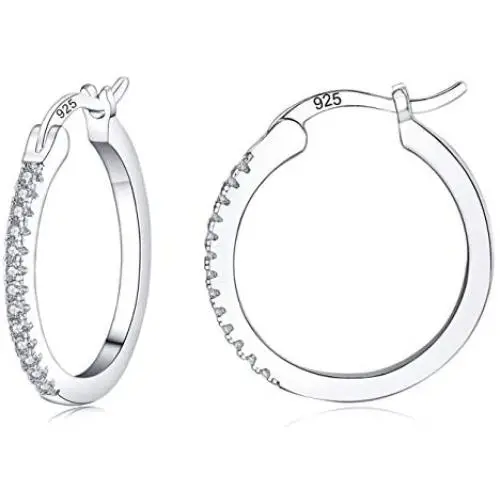 925 Sterling Silver Hoop Earrings|14K White Gold Plated Cubic Zirconia Small Hoop Earrings| Dainty Hoop Earrings for Women Girls 13/15/20mm