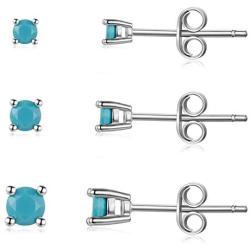 Sterling Silver Stud Earrings for Men Women Girls- Hypoallergenic Tiny Turquoise Stud Earring Set 2mm 3mm 4mm White Gold Plated Round Prong-Set Birthstone Small Earrings