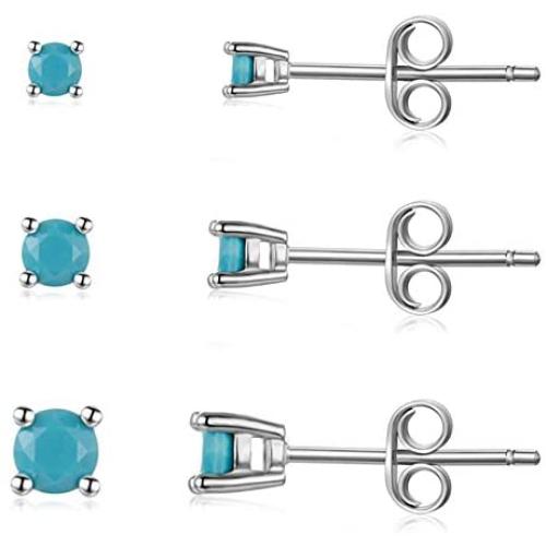 Sterling Silver Stud Earrings for Men Women Girls- Hypoallergenic Tiny Turquoise Stud Earring Set 2mm 3mm 4mm White Gold Plated Round Prong-Set Birthstone Small Earrings