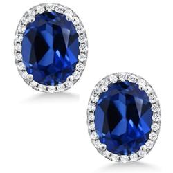 Gem Stone King 925 Sterling Silver Blue Simulated Sapphire Halo Earrings For Women (5.08 Ct Oval 9X7MM)