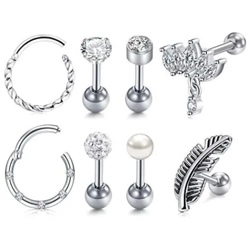 LAURITAMI 16G Stainless Steel Ear Cartilage Earrings Tragus Helix Barbell Clicker Daith Earrings Hoop Cubic Zirconia Inlaid Cartilage Stud for Men Women