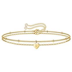 Turandoss Dainty Heart Initial Bracelets for Women, 14K Gold Filled Handmade Personalized Letter Layered Heart Initial Bracelets for Women Girls Jewelry Gifts